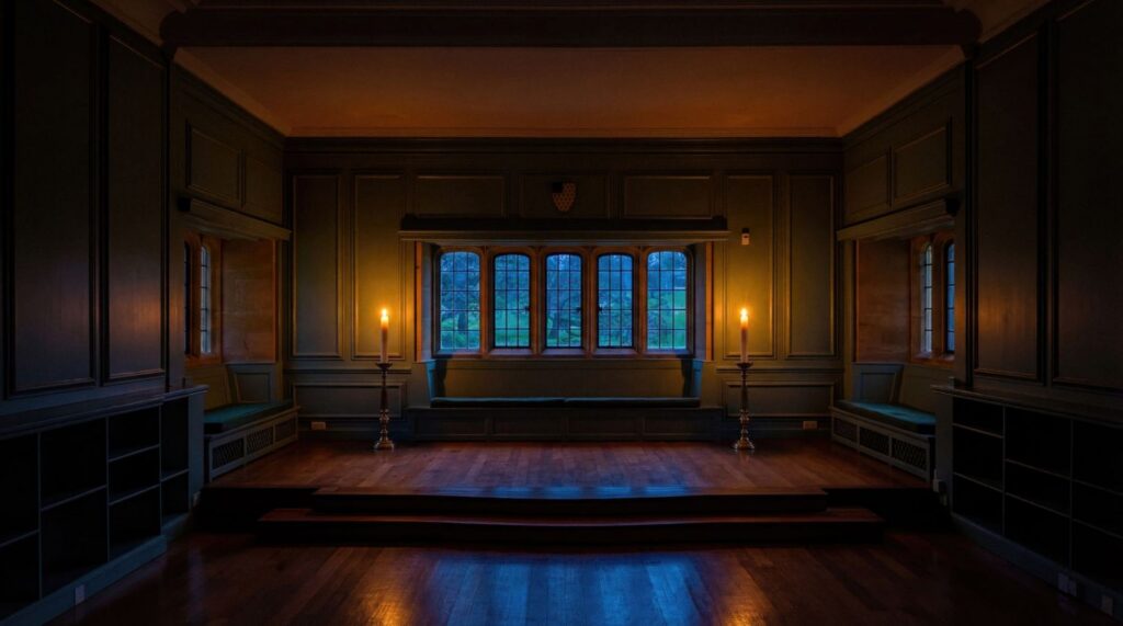 Dark empty ballroom interior with wood paneled walls and warm sconce lighting creates an elegant atmosphere.