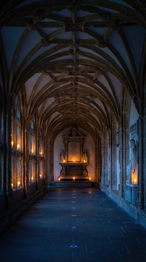 A gothic cloister illuminated by rows of candles, creating deep shadows and serene atmosphere.