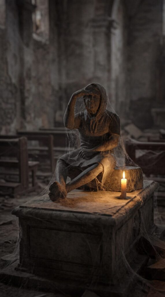 A sculptural sigil rises from the floor of a ruined ecclesiastical interior, encircled by candlelight