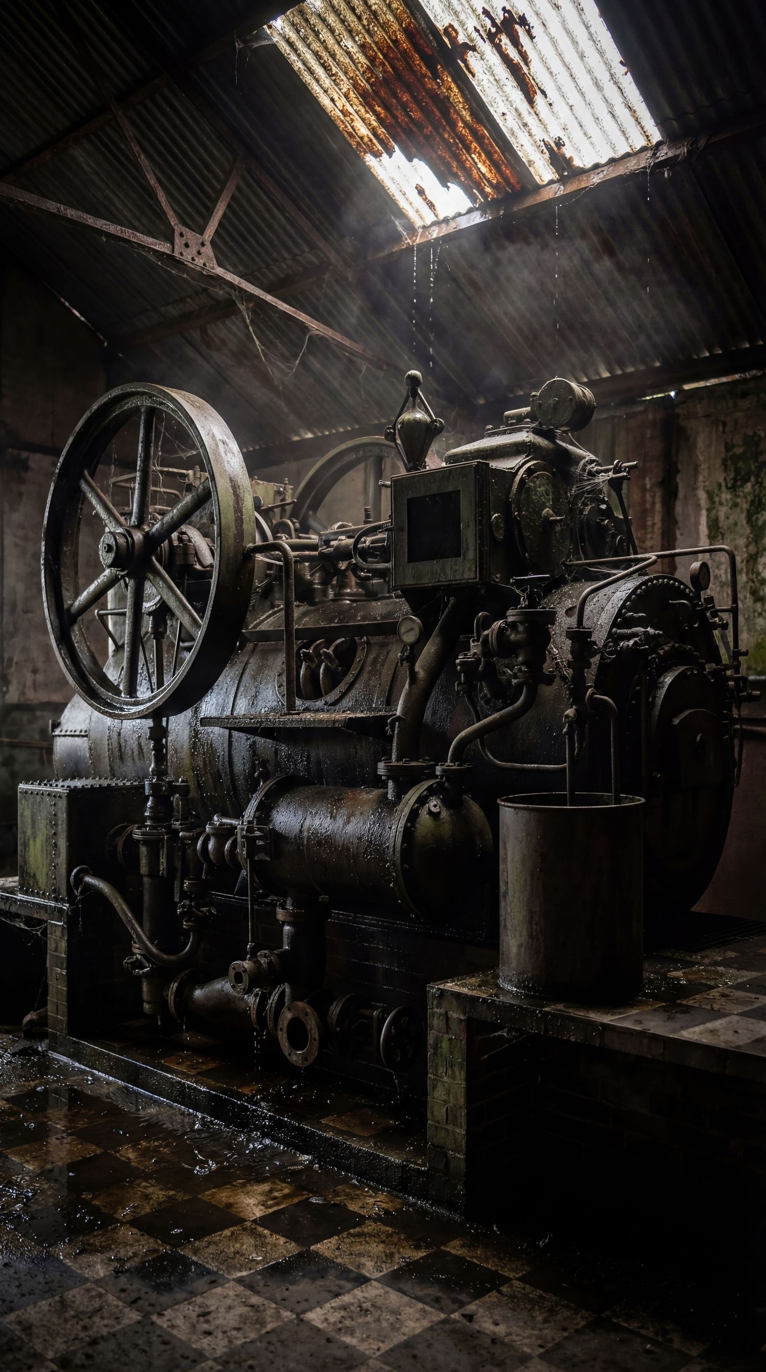 Old industrial machinery sits abandoned in a dark factory with tiled floors and rusted equipment.