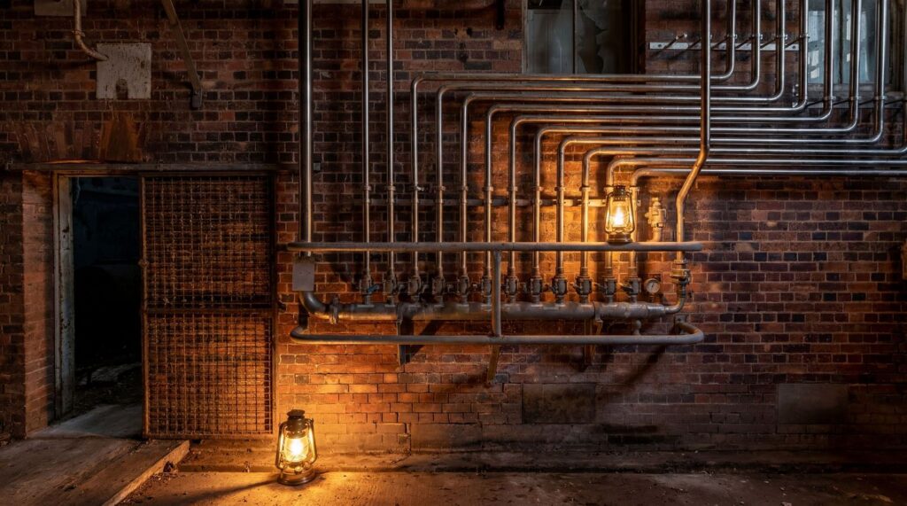 Vintage oil lanterns illuminate a rustic brick wall with industrial metal pipes in a dimly lit warehouse interior.
