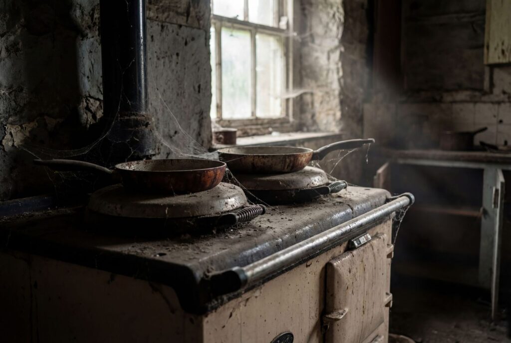 An old abandoned piano sits decaying in a dark, dusty room with peeling walls and broken windows.