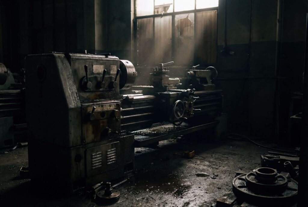 Dimly lit industrial workshop interior with machinery and equipment scattered throughout the space.