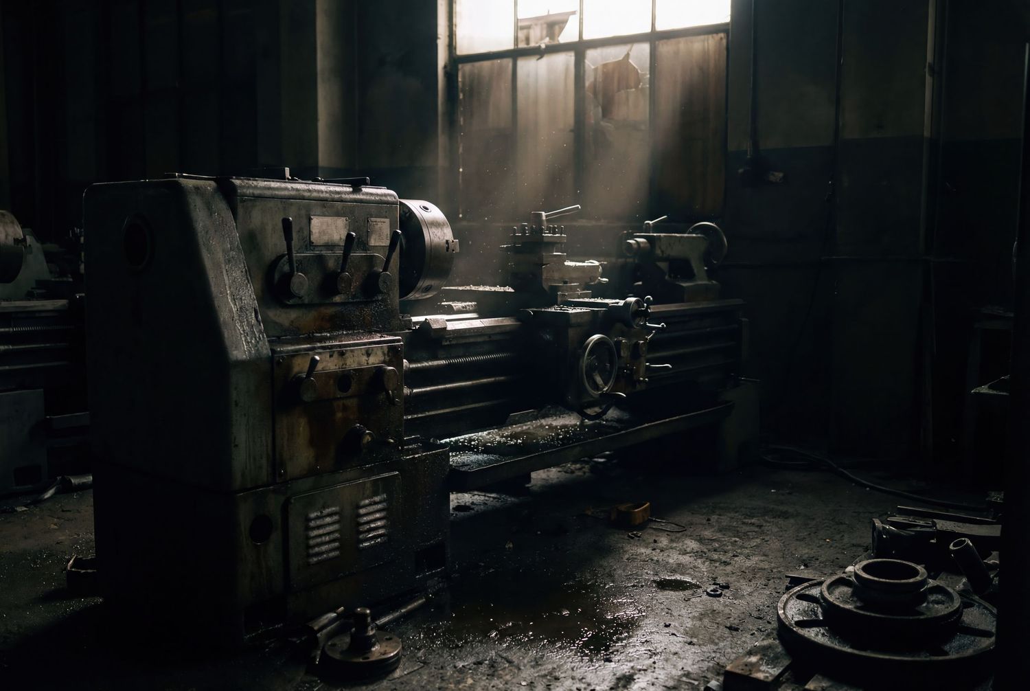 Dimly lit industrial workshop interior with machinery and equipment scattered throughout the space.