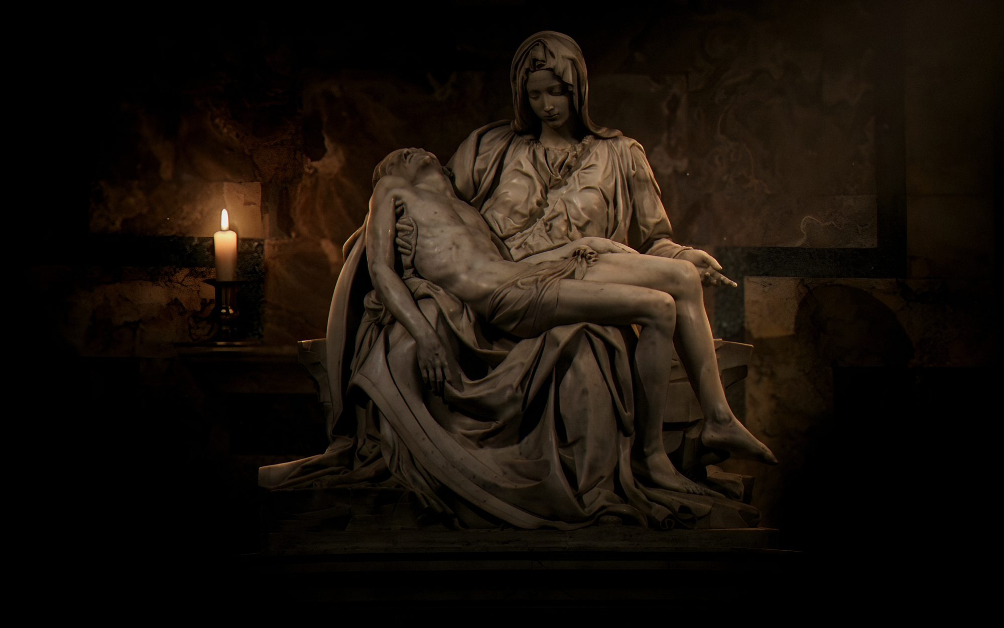 Michelangelo's Pietà lit by a single candle, the Virgin Mary holding the body of Christ in deep chiaroscuro.