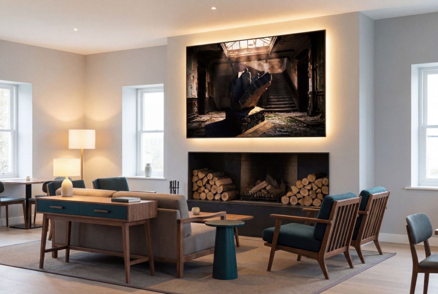 Modern living room with mid-century furniture, fireplace with stacked logs, and large dramatic artwork above the mantle.