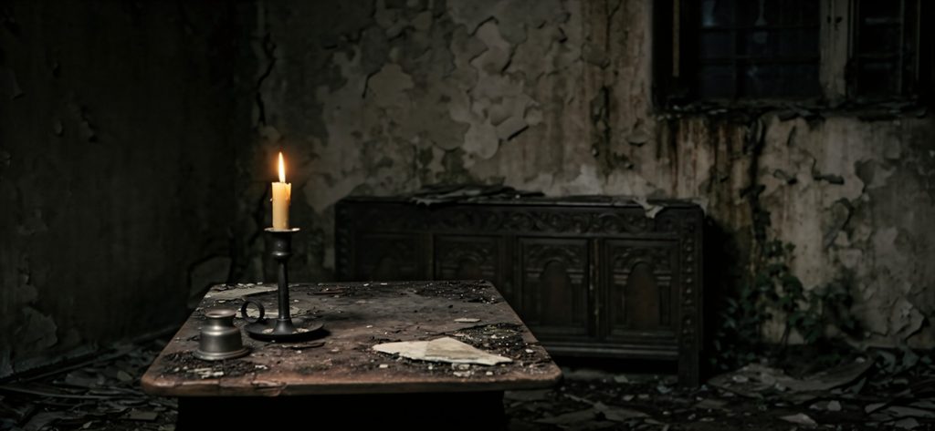 An old Tudor room with a candle in the dark