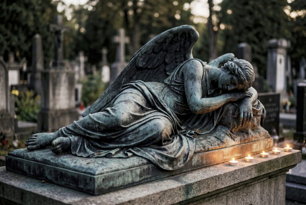 A bronze angel rests in quiet repose upon a tomb as dusk falls, surrounded by flickering candles in a peaceful cemetery