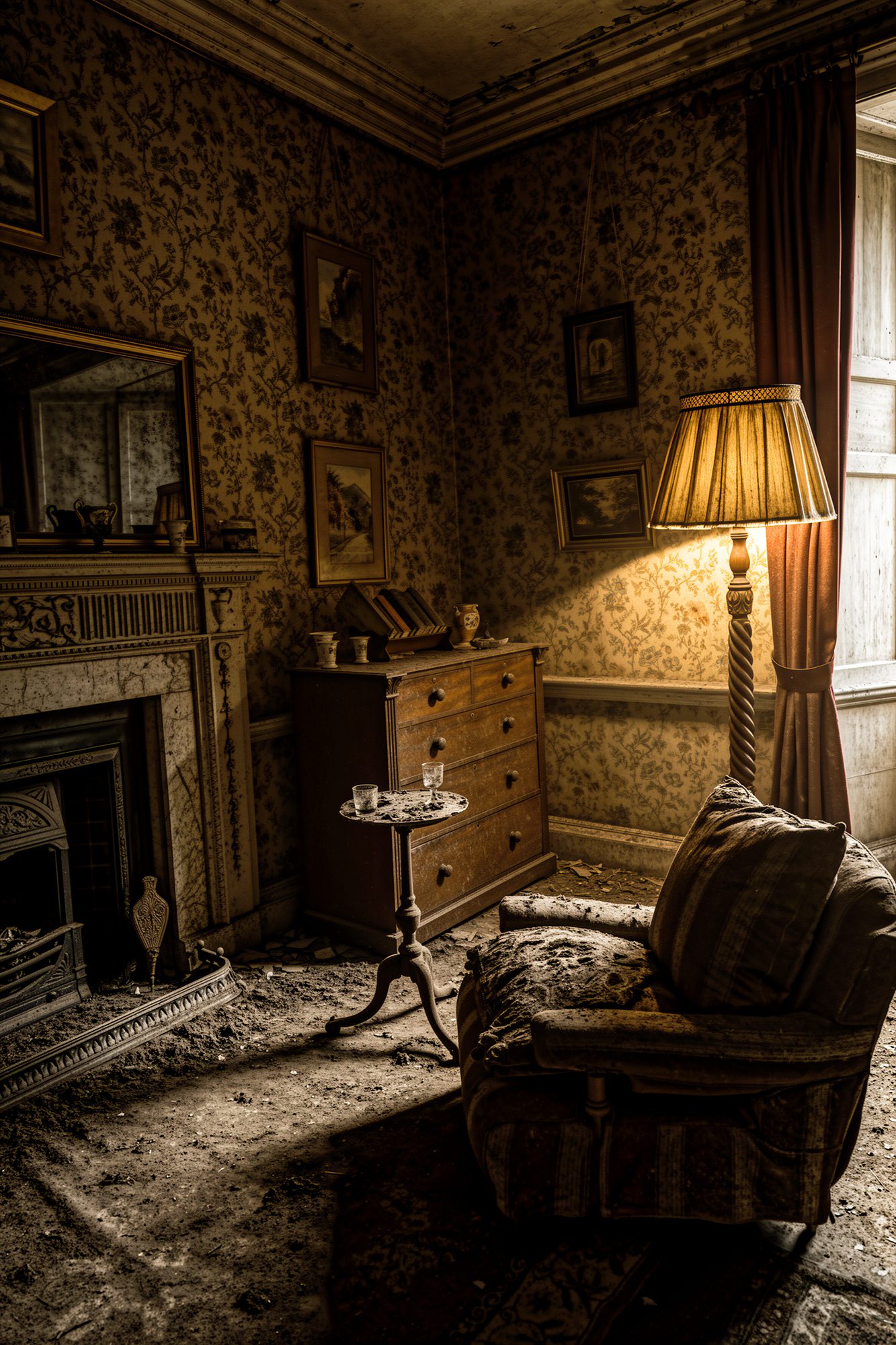 The Armchair by the Lamp. In a once-private room with faded floral wallpaper, a worn armchair sits beneath a glowing floor lamp