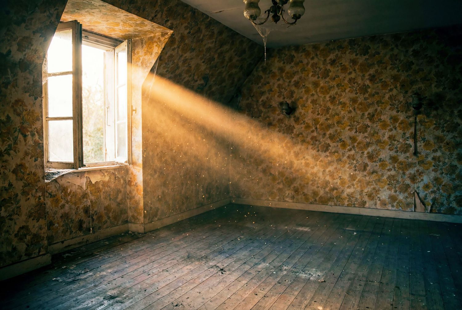 Abandoned room with peeling floral wallpaper, worn hardwood floors, and dramatic sunlight streaming through a dusty window.