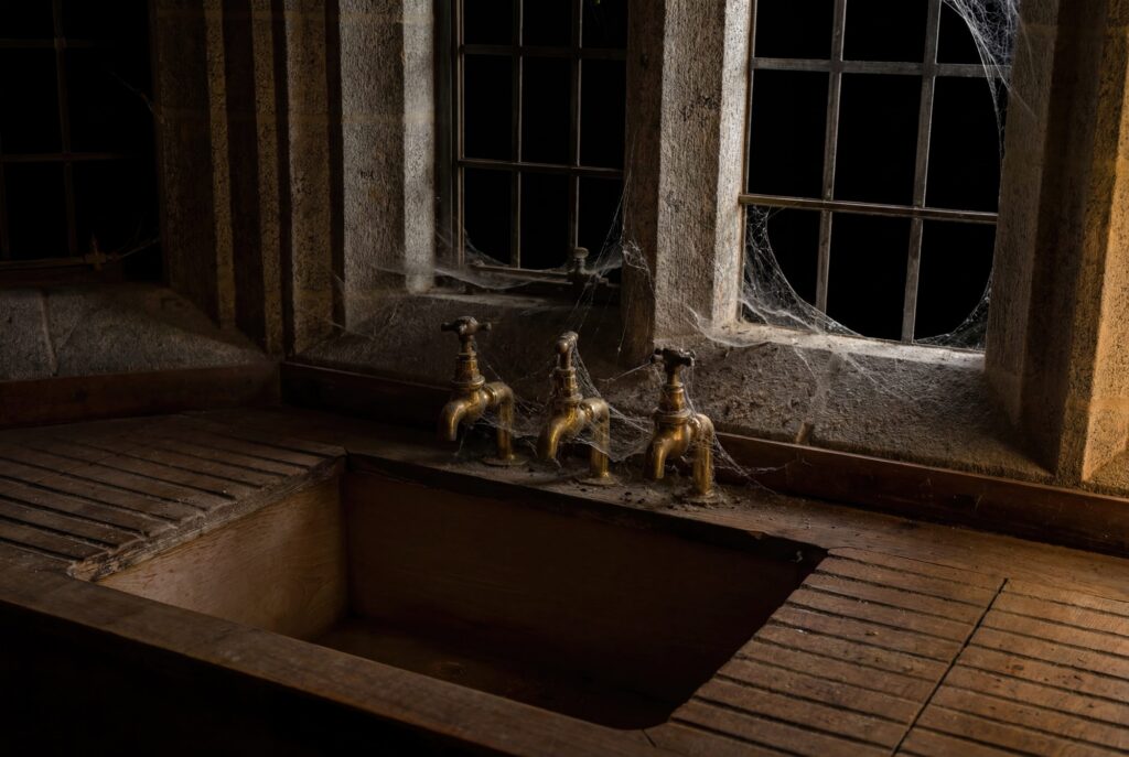 UNIQUE 1/1 EDITION. A study of domestic decay and silence. Three antique brass taps stand guard over a dry wooden sink, draped in heavy cobwebs against a stone-...