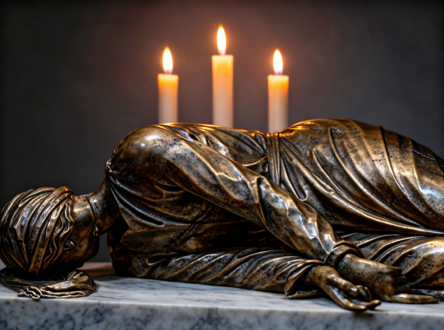Bronze sculpture of a reclining figure lying on marble with three lit candles behind it in dramatic lighting.