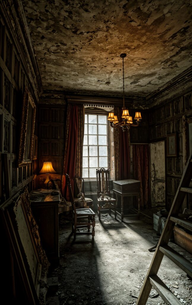 The Light in the Study. Strong sunlight cuts across the floor of a decaying study, illuminating dust and debris