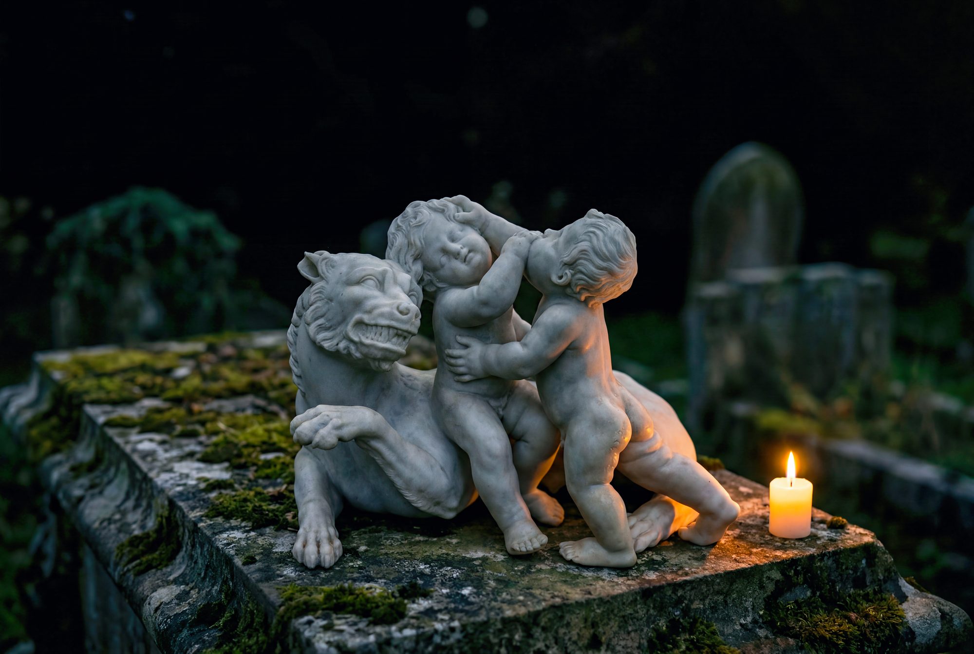 The Lion and the Innocents. Two marble putti wrestling with a snarling lion  one pulling at the mane, the other gripping the body, the beast baring its teeth b...