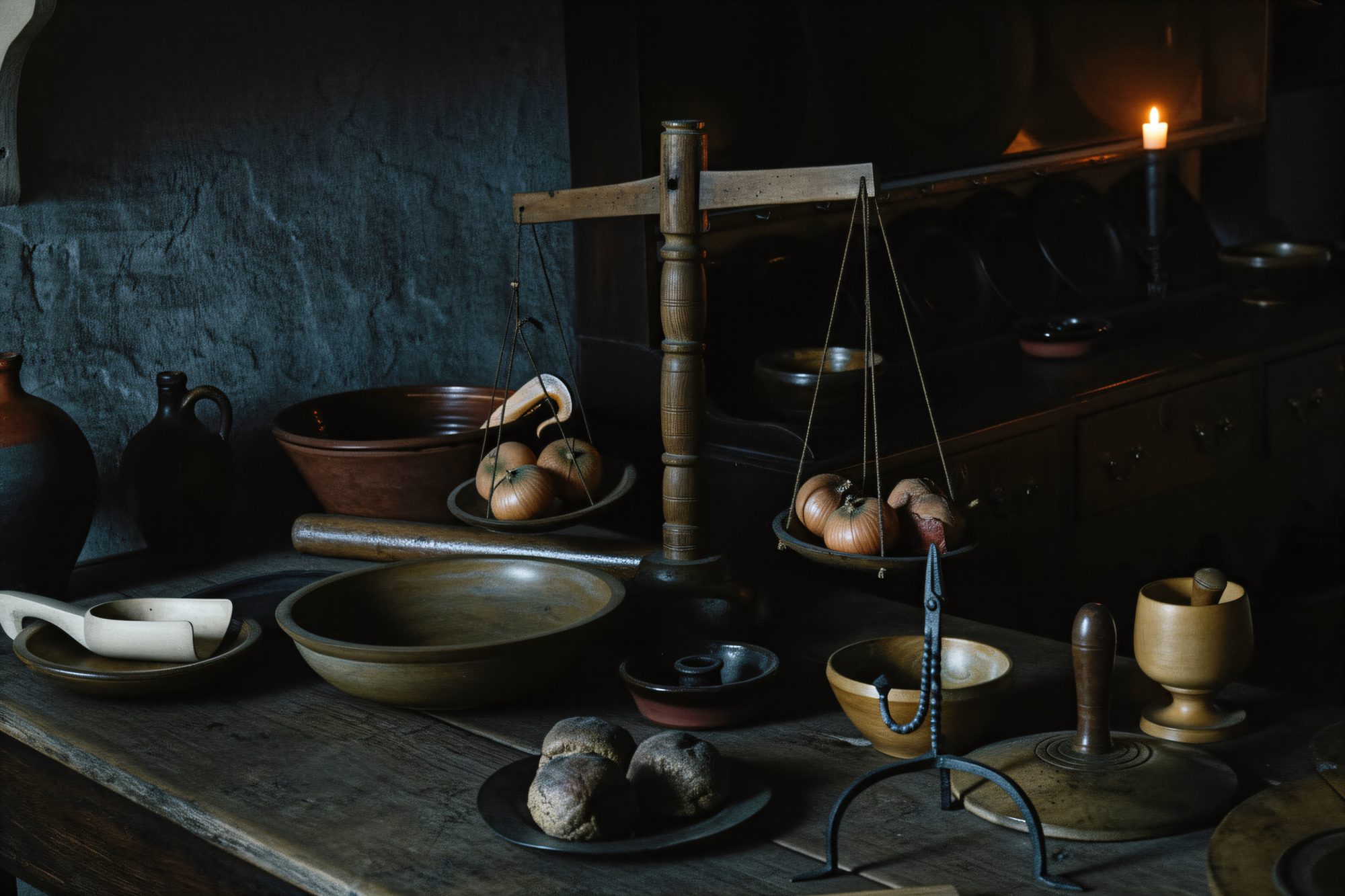 A rustic kitchen scene grounded in the tactile reality of wood, clay, and earth