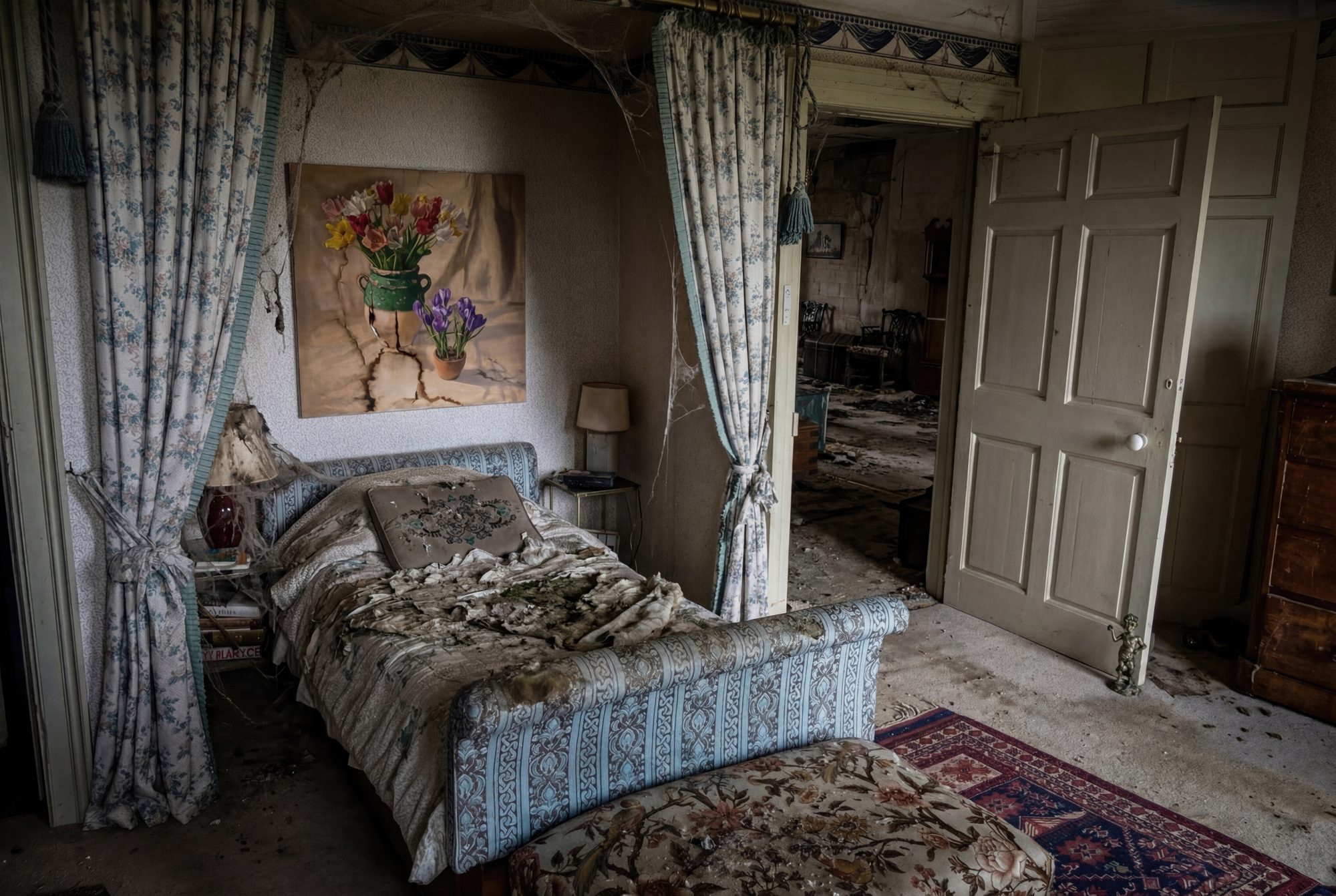 In a decaying bedroom draped in cobwebs, a vibrant painting of spring tulips hangs defiantly above a ruined mattress