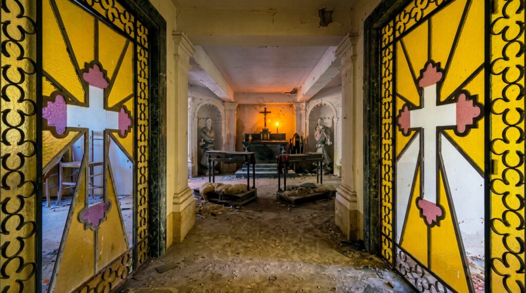 The Open Gates. Through open wrought iron gates  yellow and black with Gothic quatrefoil patterns  an abandoned Italian chapel: plaster falling, two saints in...