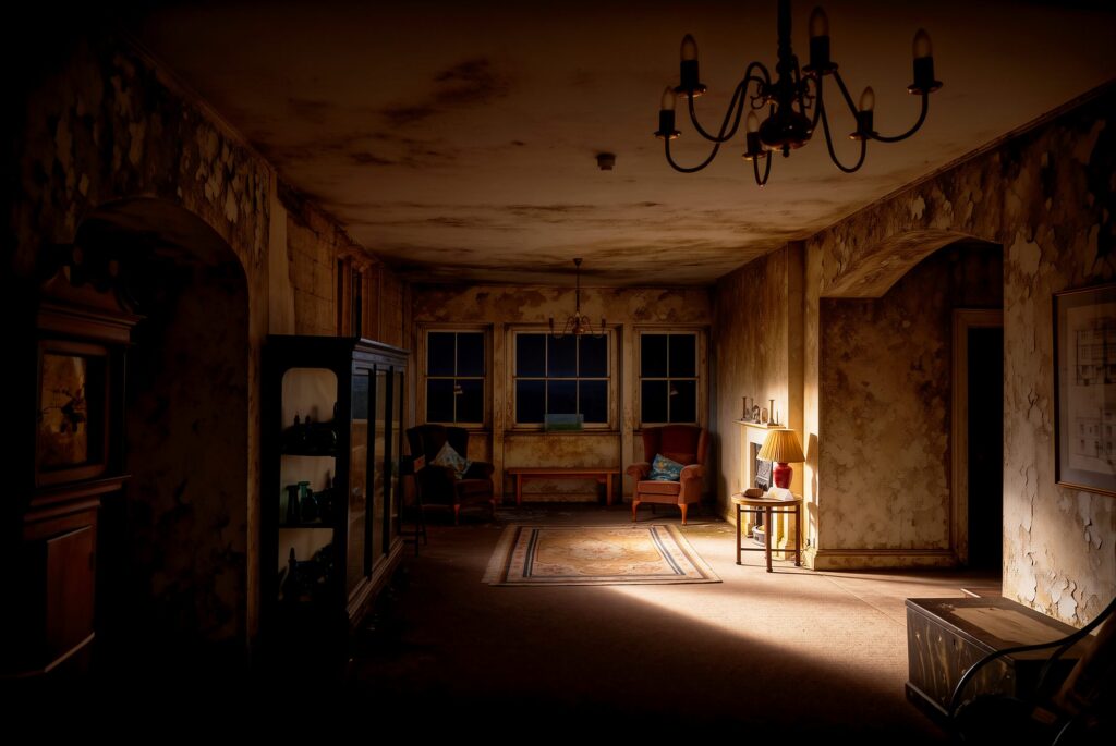 The Room That Remained. In a large abandoned room, strong daylight pours through tall windows, cutting across peeling walls and faded wallpaper