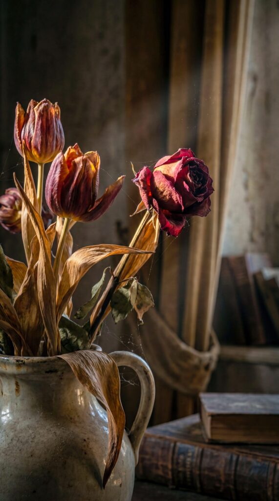 The Rose and the Tulips. Dried tulips and a single collapsed rose in a cracked stoneware jug, cobwebs threading between the stems, warm side light catching the...