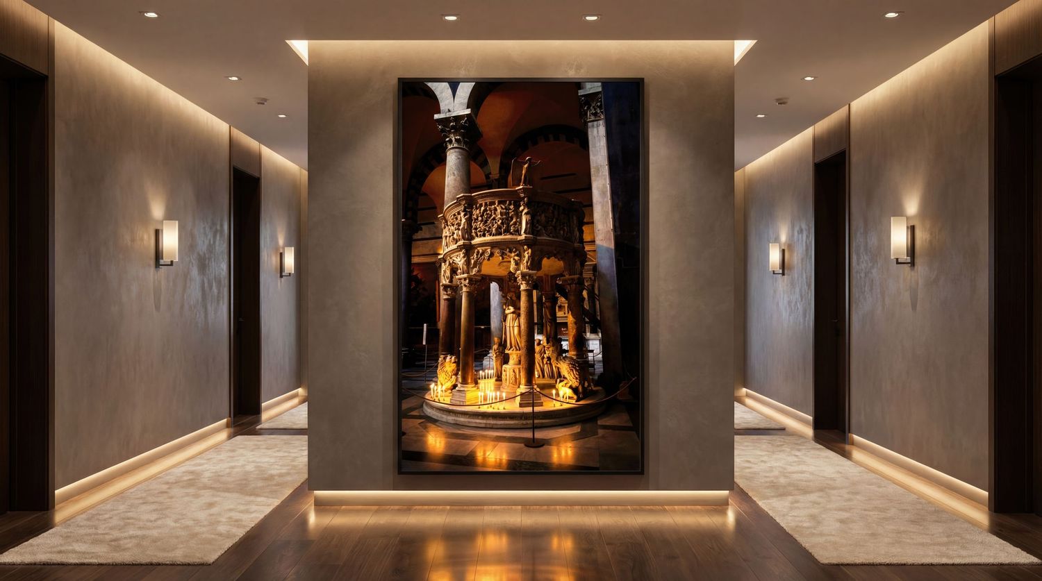 Modern luxury hotel corridor with recessed lighting, dark walls, and elegant sconce fixtures creates a dramatic atmosphere.