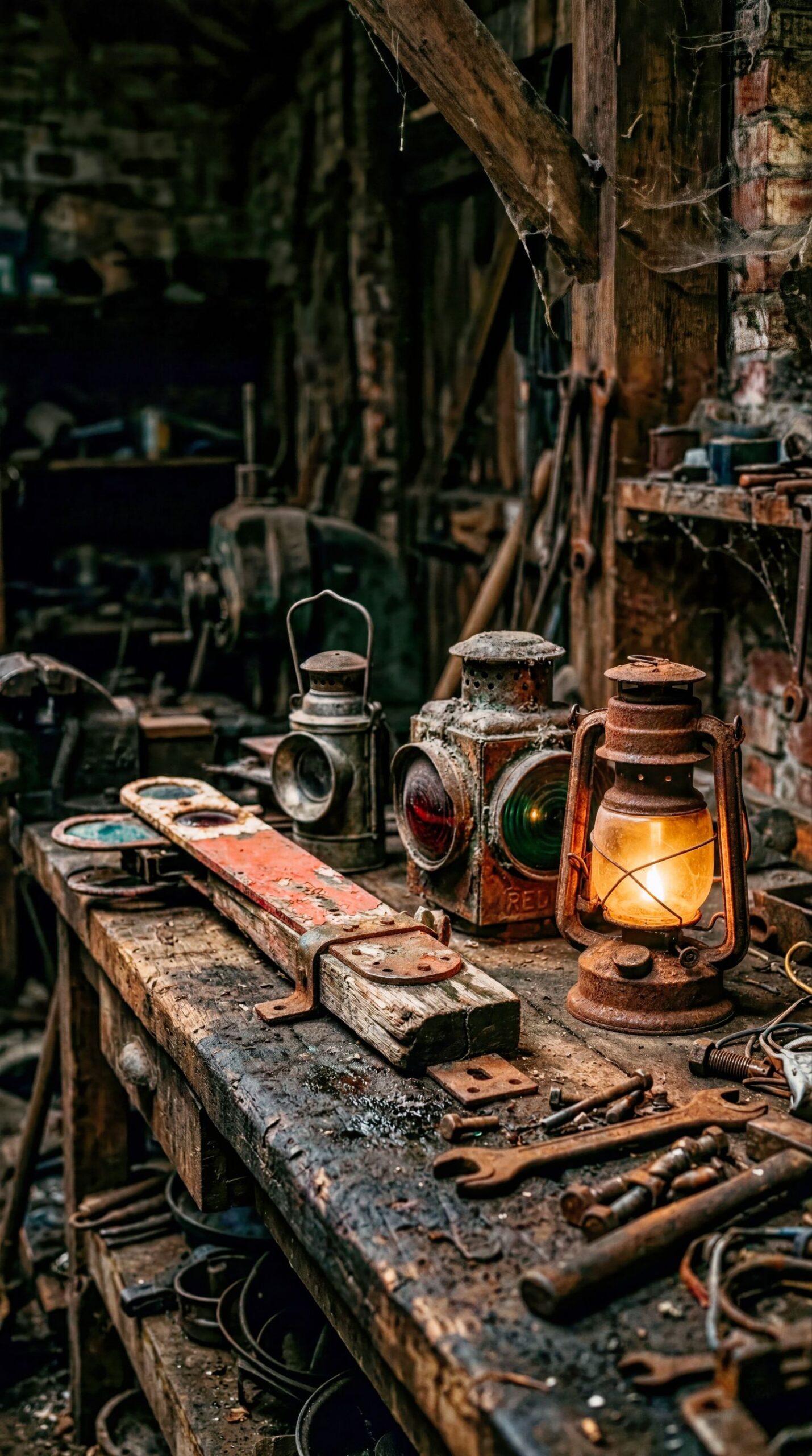 Rustic workshop workbench with glowing vintage kerosene lantern, old railway signal lamps, and antique tools in abandoned shed.