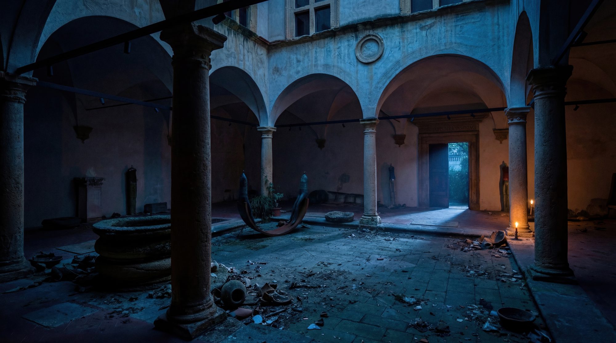 An abandoned cloister lit by cold blue ambient light and a single warm candle near a stone column, with broken pottery scattered across the floor and a faint gl...