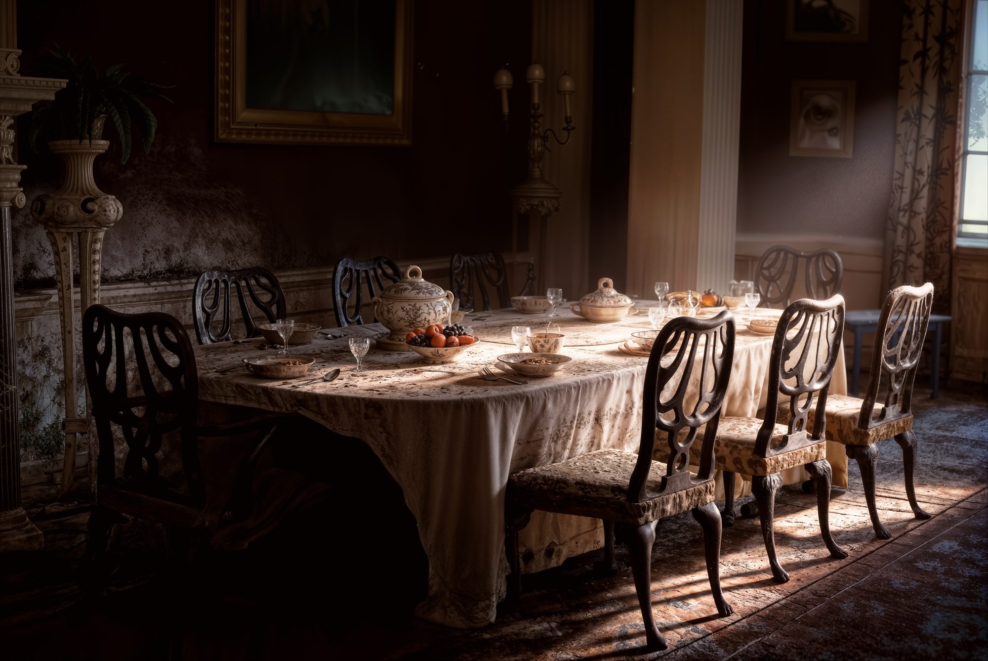 The Table That Waited. In a grand but abandoned dining room, a long table is still set with bowls, fruit, glassware and silver