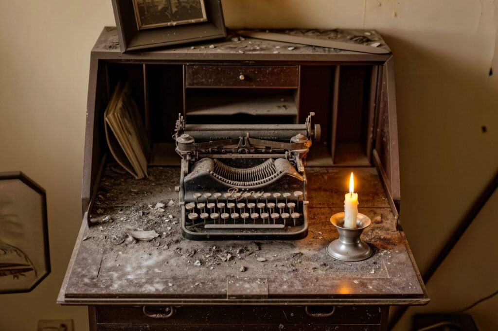 The Typewriter and the Candle. An old black typewriter sits on a heavily dust-covered desk, its keys and carriage thick with grime