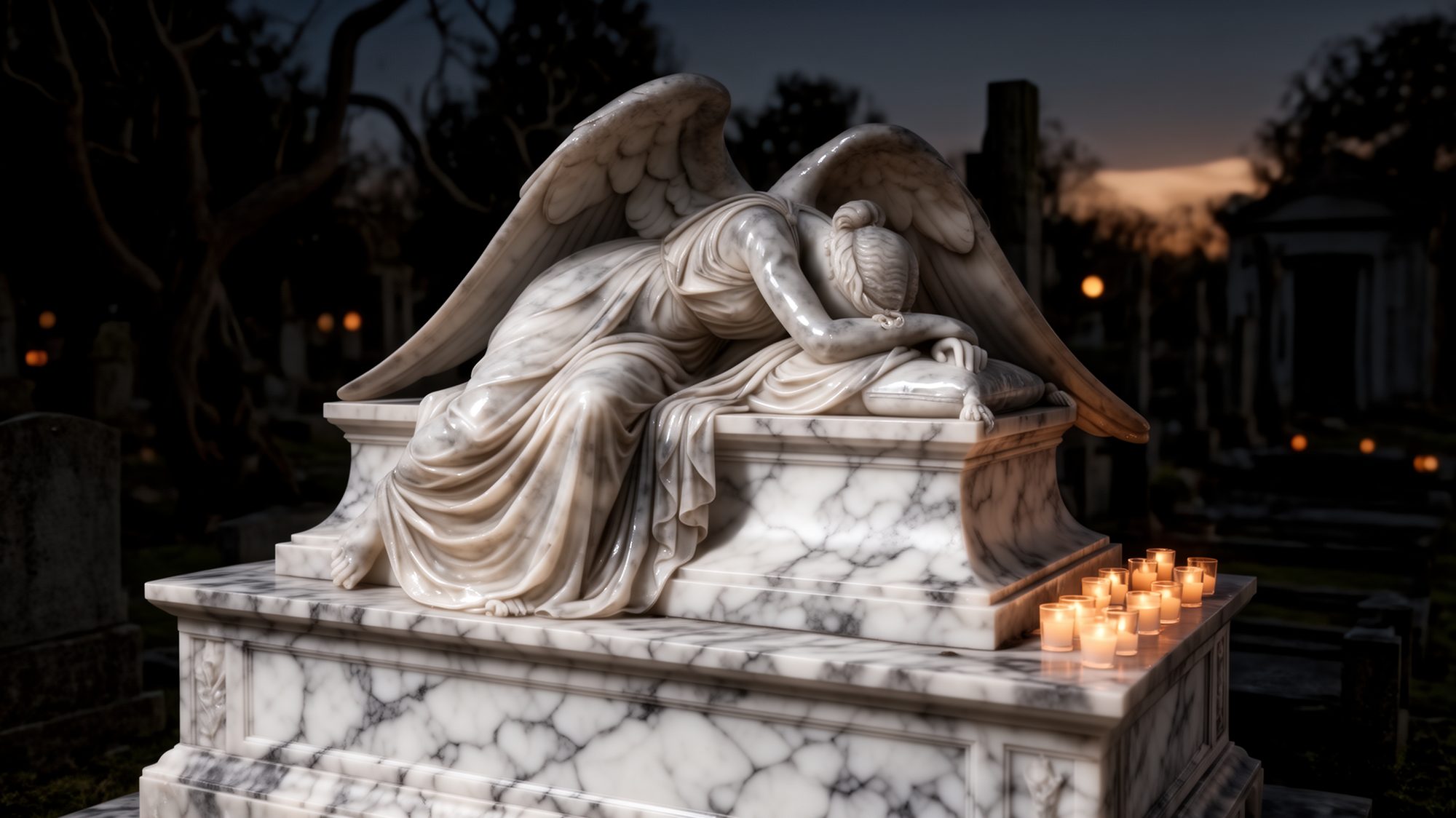 The Weeping Angel. A marble angel rests in quiet sorrow upon a tomb as night falls. Dozens of candles burn softly around her in a forgotten cemetery