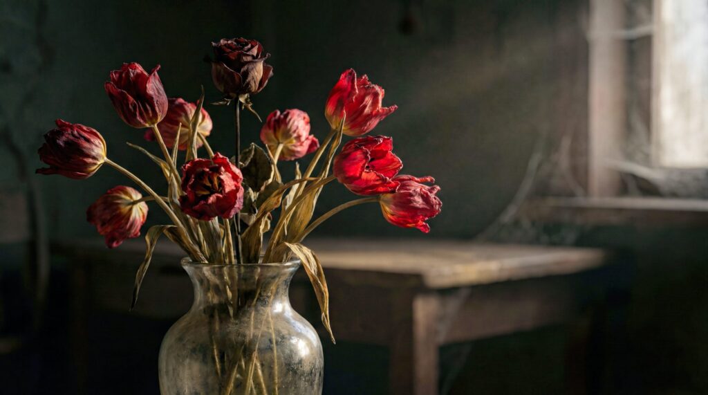 They Were Red Once. A clouded glass vase of dried tulips  deep crimson petals collapsed and papery, stems bowed, leaves the colour of old straw  set on a surf...