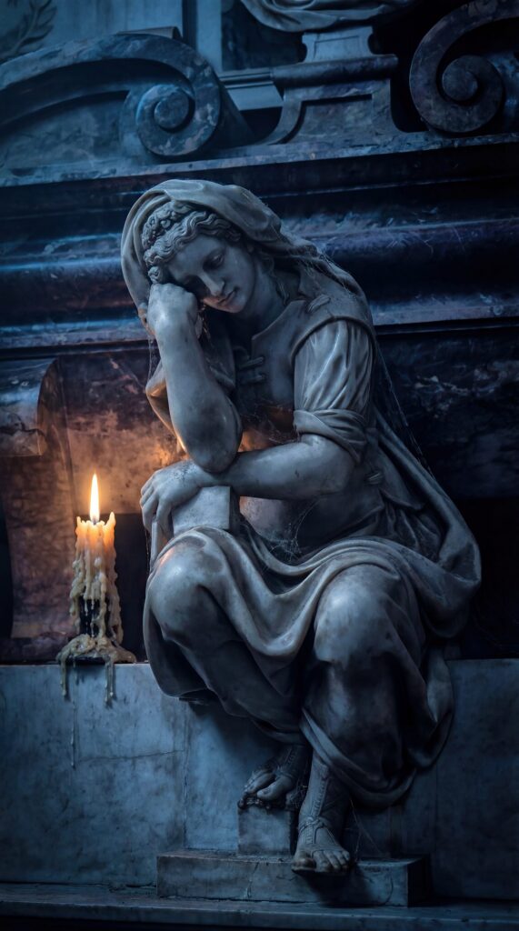 A quiet moment of sorrow and devotion captured in cold marble and warm flame