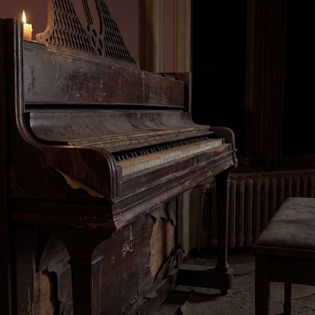 A decaying upright piano stands in near darkness, its worn keys and splintered wood illuminated softly by candlelight