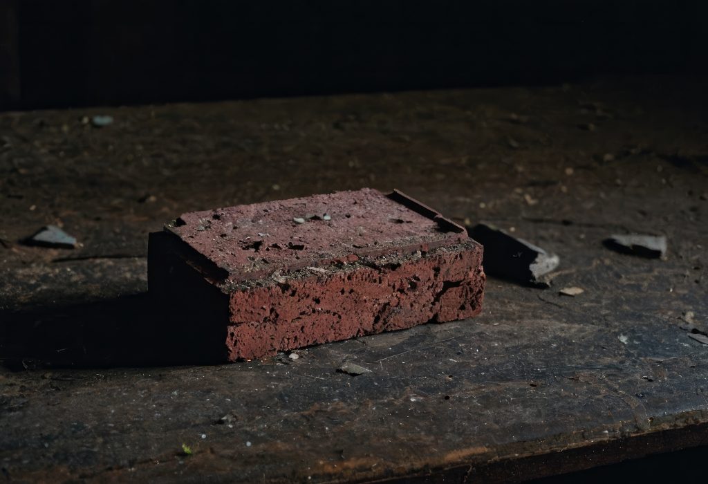 A fine art chiaroscuro photograph of a weathered red brick resting in a solitary shaft of light on a dark, textured surface. The isolated piece of masonry emerges from the deep shadows, exploring the quiet resonance of historical decay and forgotten structures.