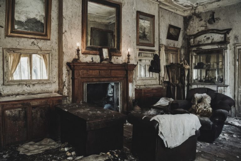 A fine art chiaroscuro photograph of a decaying, abandoned parlor adorned with antique mirrors and a heavy wooden fireplace, softly illuminated by wall sconces. The image explores the echoes of past lives, the sociology of shadows, and historical stillness.