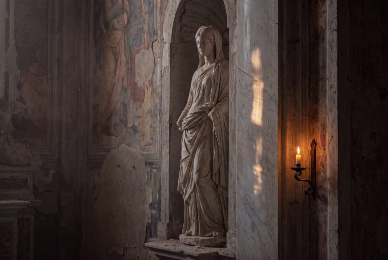 Weathered marble statue lit by a single candle in a shadowed Spanish hilltop church, evening light crossing worn stone. Limited edition fine art photograph by Michael Gane.